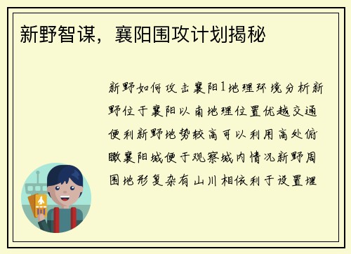 新野智谋，襄阳围攻计划揭秘