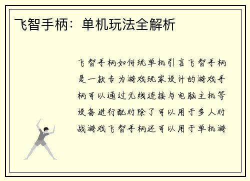 飞智手柄：单机玩法全解析