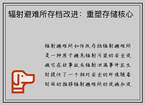 辐射避难所存档改进：重塑存储核心